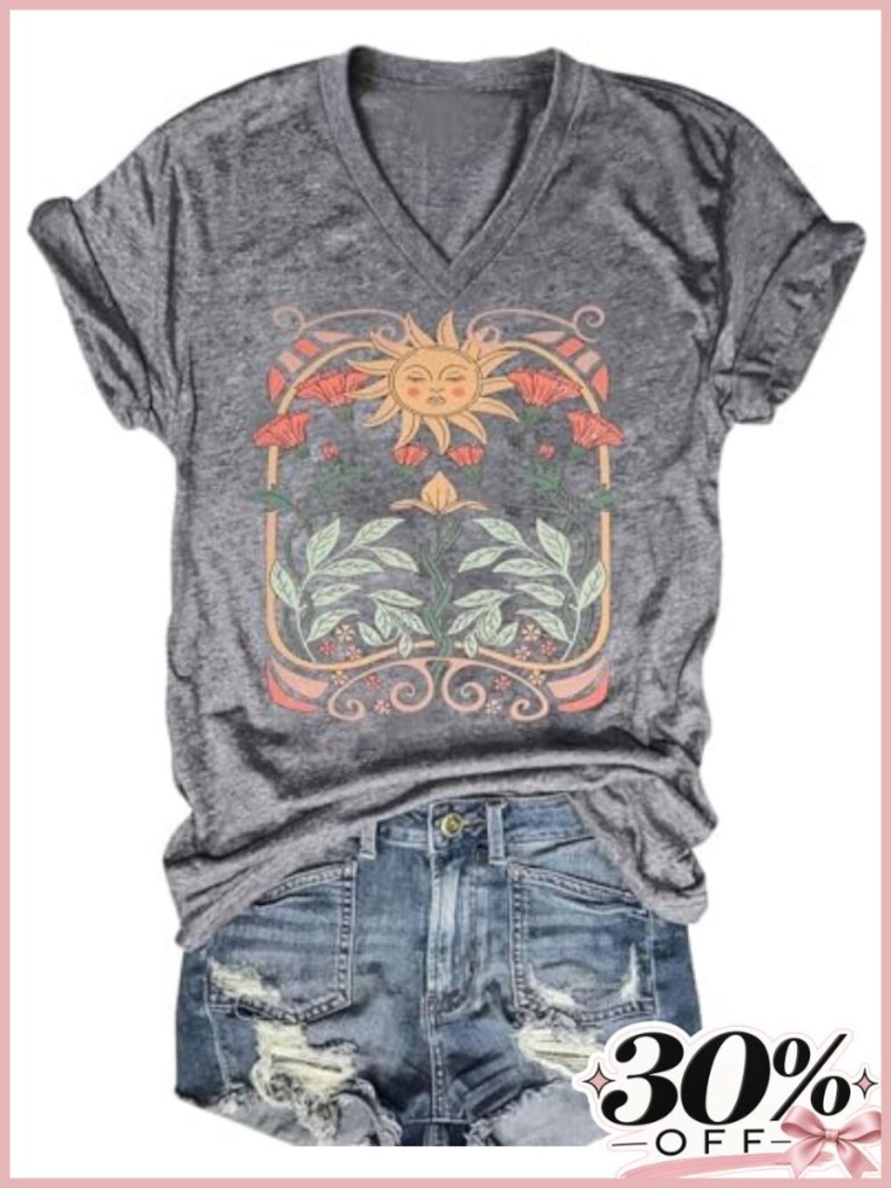 Women's V-Neck Boho Wildflower Graphic Tee Cotton Blend Short Sleeve Vintage